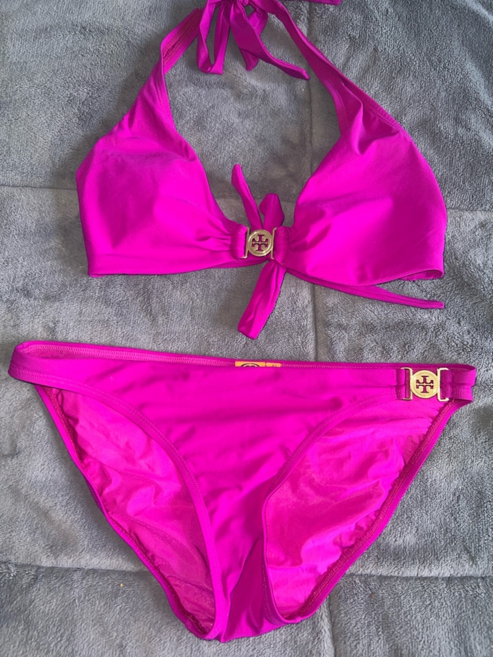 Tory Burch Fuchsia Halter Bikini with Gold Logo Hardware